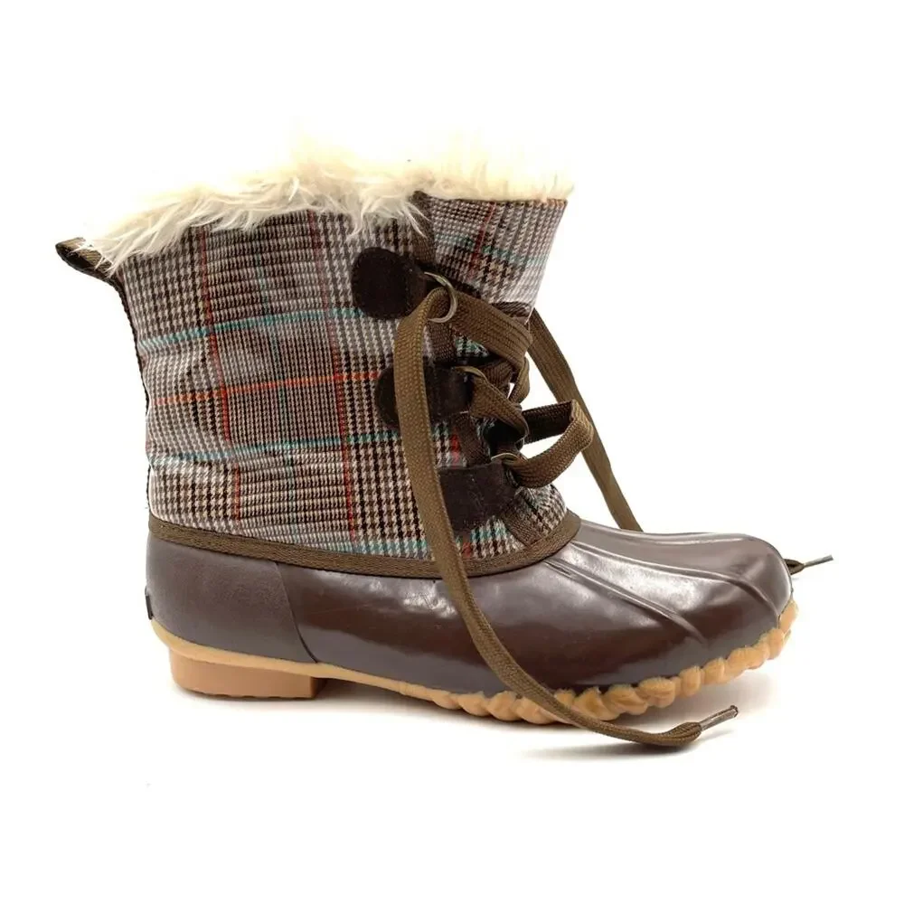 Sporto style kim4451902 women brown Plaid faux fur Lined Waterproof Duck Boots 8